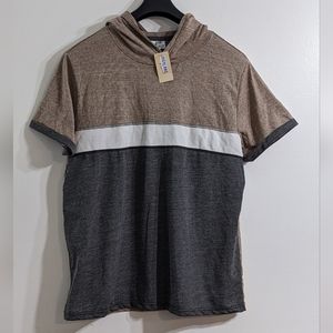 Men's Brown Color Block Pullover Hoodie, Short Sleeve, Size XLarge, New With Tag
